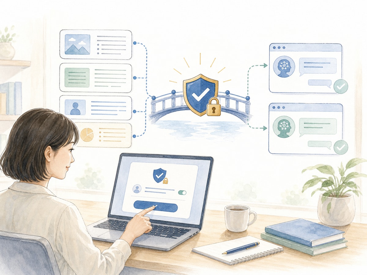 認証した学習データをMCPで外部AIへ安全に共有する流れのイラスト