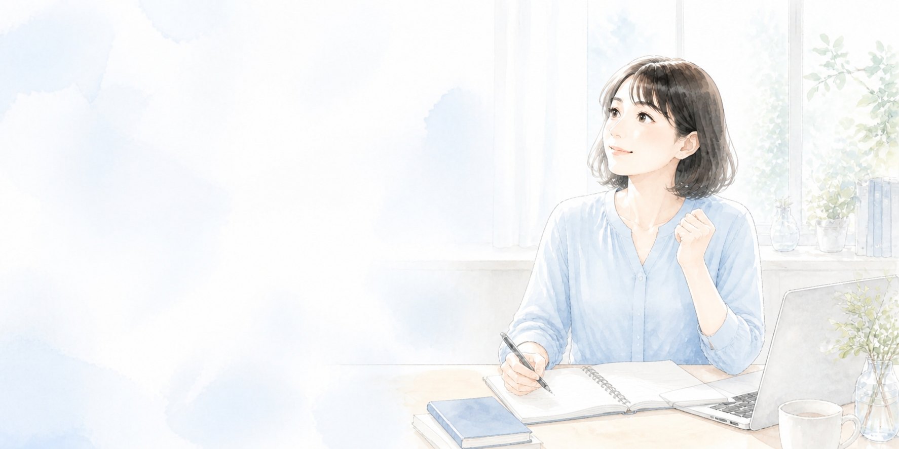 次の答案作成へ向けて机で学ぶ女性受験生の水彩イラスト